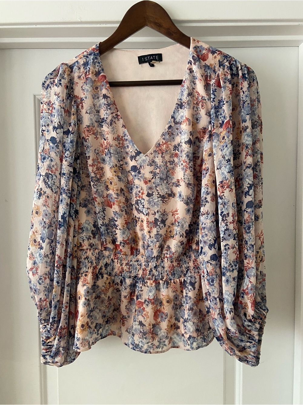 1. State Cream Floral V-Neck Smocked Waist Blouse with Blue and Pink Accents